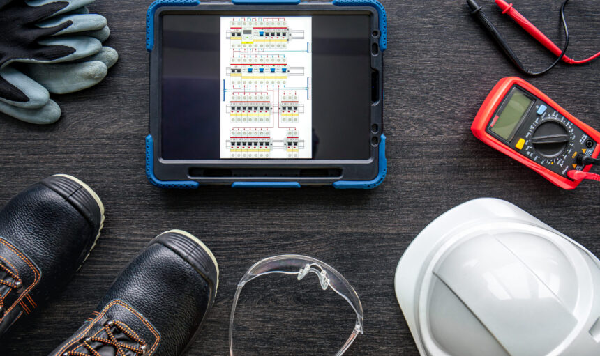 Composition with digital tablet and electrician work items, top view.