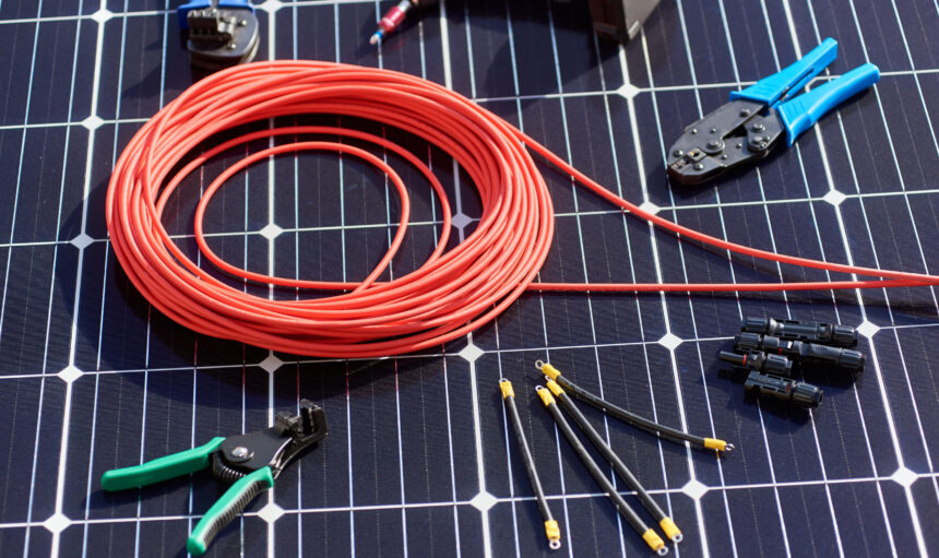 Close-up view of different details and instruments for installing and connecting solar photovoltaic system. Objects laying on blue solar panel